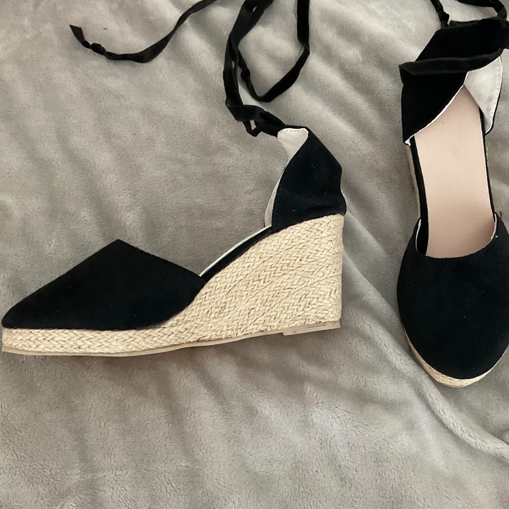 NEW Espadrilles Black suede LACE UP JUTE WEDGE